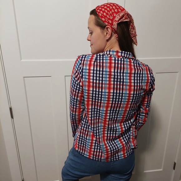 Vintage 70s Lightweight Plaid Seersucker Blazer - Picture 5 of 8